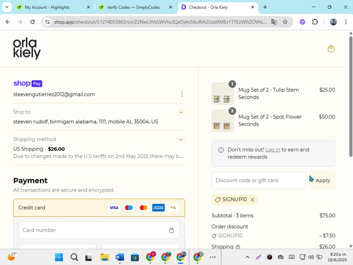 Orla Kiely promo code screenshot showing code SIGNUP10 applied at Orla Kiely checkout page. Uploaded by SimplyCodes community member DiscountGenius6081 on Jun 18, 2025