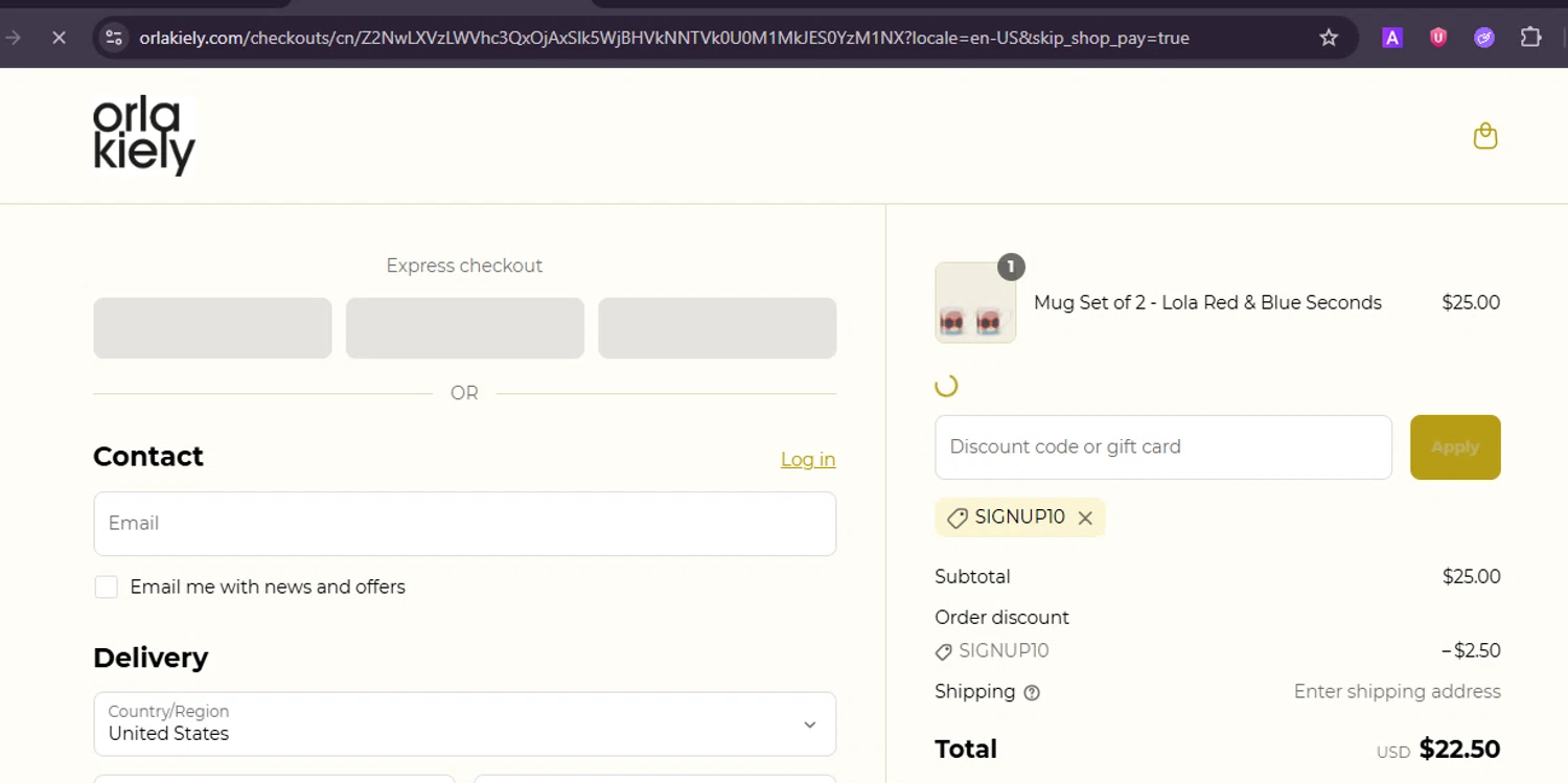 Orla Kiely promo code screenshot showing code SIGNUP10 applied at Orla Kiely checkout page. Uploaded by SimplyCodes community member ValiantRanger5812 on Jun 21, 2025