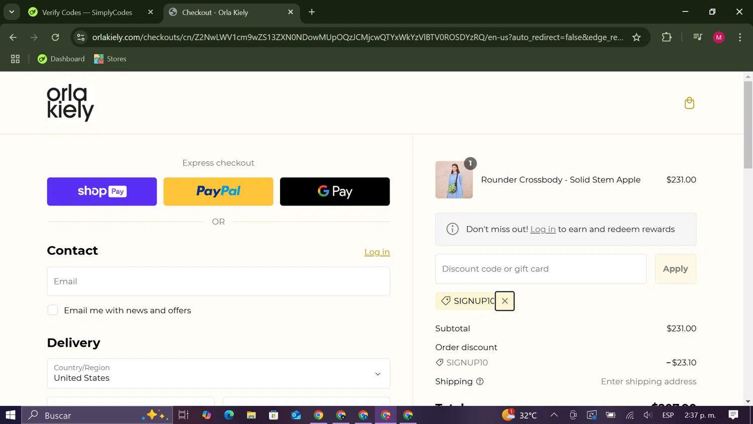 Orla Kiely promo code screenshot showing code SIGNUP10 applied at Orla Kiely checkout page. Uploaded by SimplyCodes community member CouponAce9216 on Mar 2, 2025