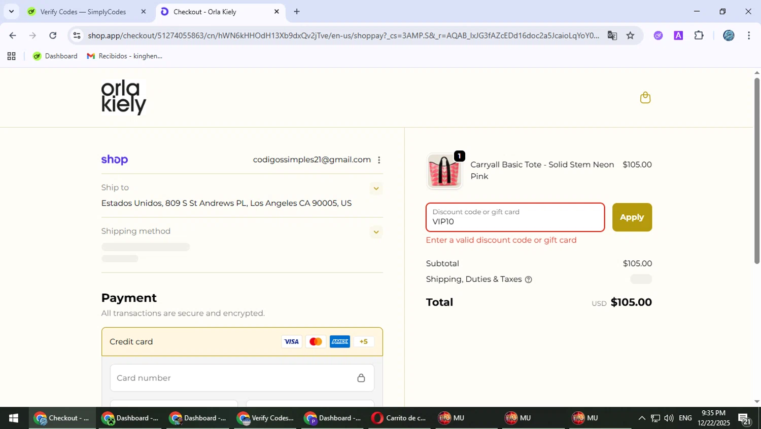 Orla Kiely promo code screenshot showing code VIP10 applied at Orla Kiely checkout page. Uploaded by SimplyCodes community member PokeGOAT on Dec 23, 2025