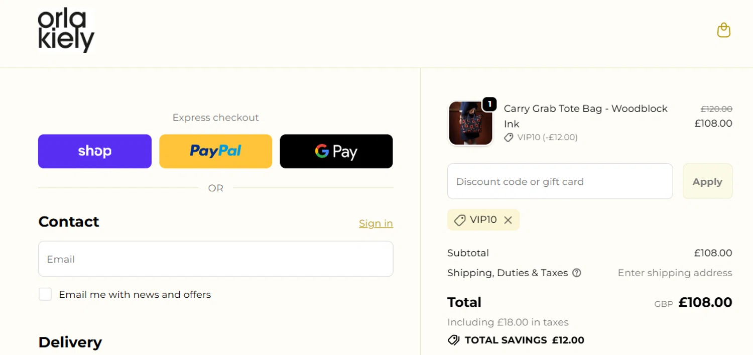 Orla Kiely promo code screenshot showing code VIP10 applied at Orla Kiely checkout page. Uploaded by SimplyCodes community member jesspea on Nov 28, 2025