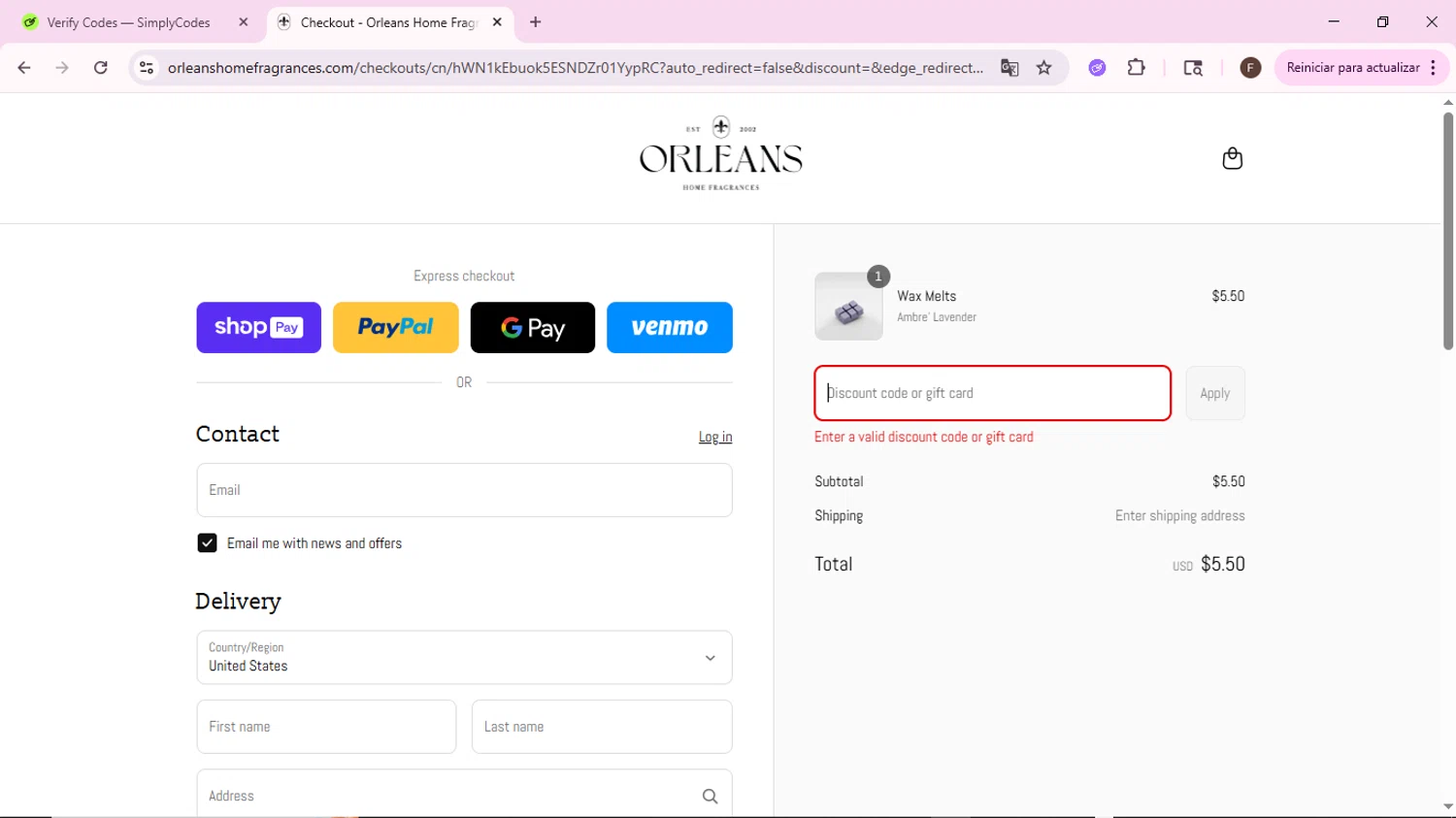 Orleans Home Fragrances promo code screenshot showing code BACK2SCHOOL applied at Orleans Home Fragrances checkout page. Uploaded by SimplyCodes community member BargainShopper1802 on Aug 13, 2025