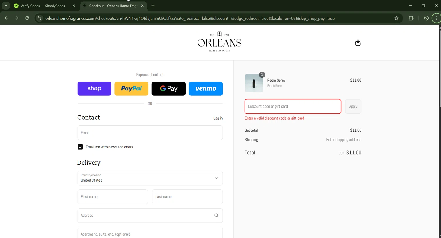 Orleans Home Fragrances promo code screenshot showing code BACK2SCHOOL applied at Orleans Home Fragrances checkout page. Uploaded by SimplyCodes community member CashWizard4502 on Aug 13, 2025