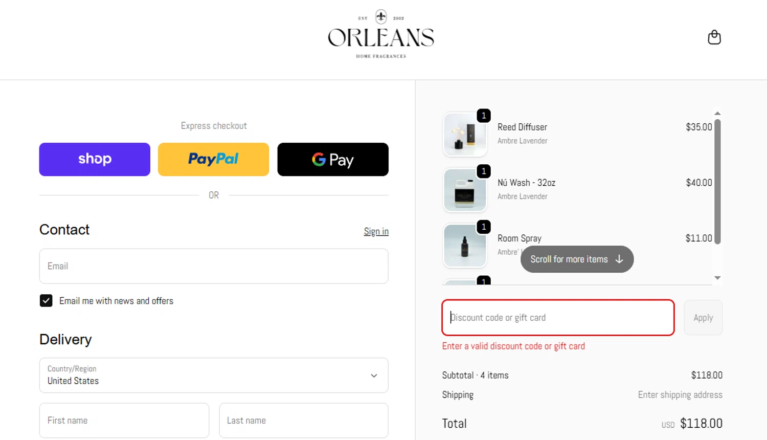 Orleans Home Fragrances promo code screenshot showing code freeship50 applied at Orleans Home Fragrances checkout page. Uploaded by SimplyCodes community member Stun333 on Dec 17, 2025