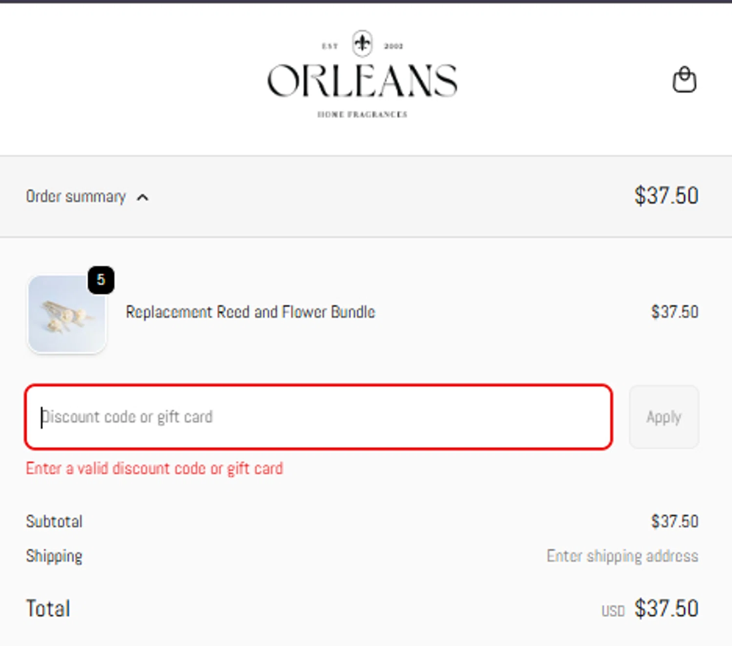 Orleans Home Fragrances promo code screenshot showing code freeship50 applied at Orleans Home Fragrances checkout page. Uploaded by SimplyCodes community member mariroma on Dec 17, 2025