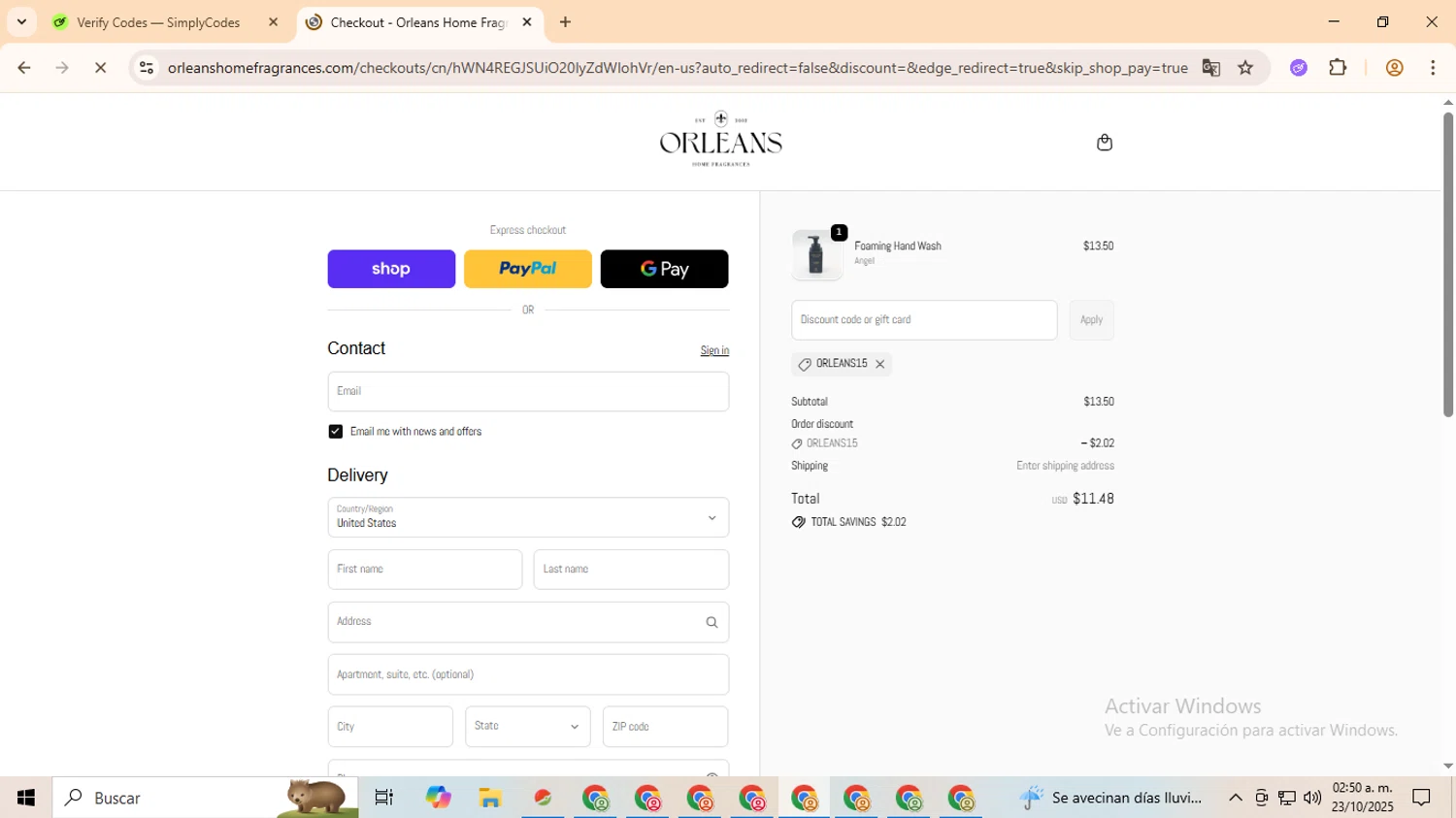 Orleans Home Fragrances promo code screenshot showing code ORLEANS15 applied at Orleans Home Fragrances checkout page. Uploaded by SimplyCodes community member QuestOwl9632 on Oct 23, 2025