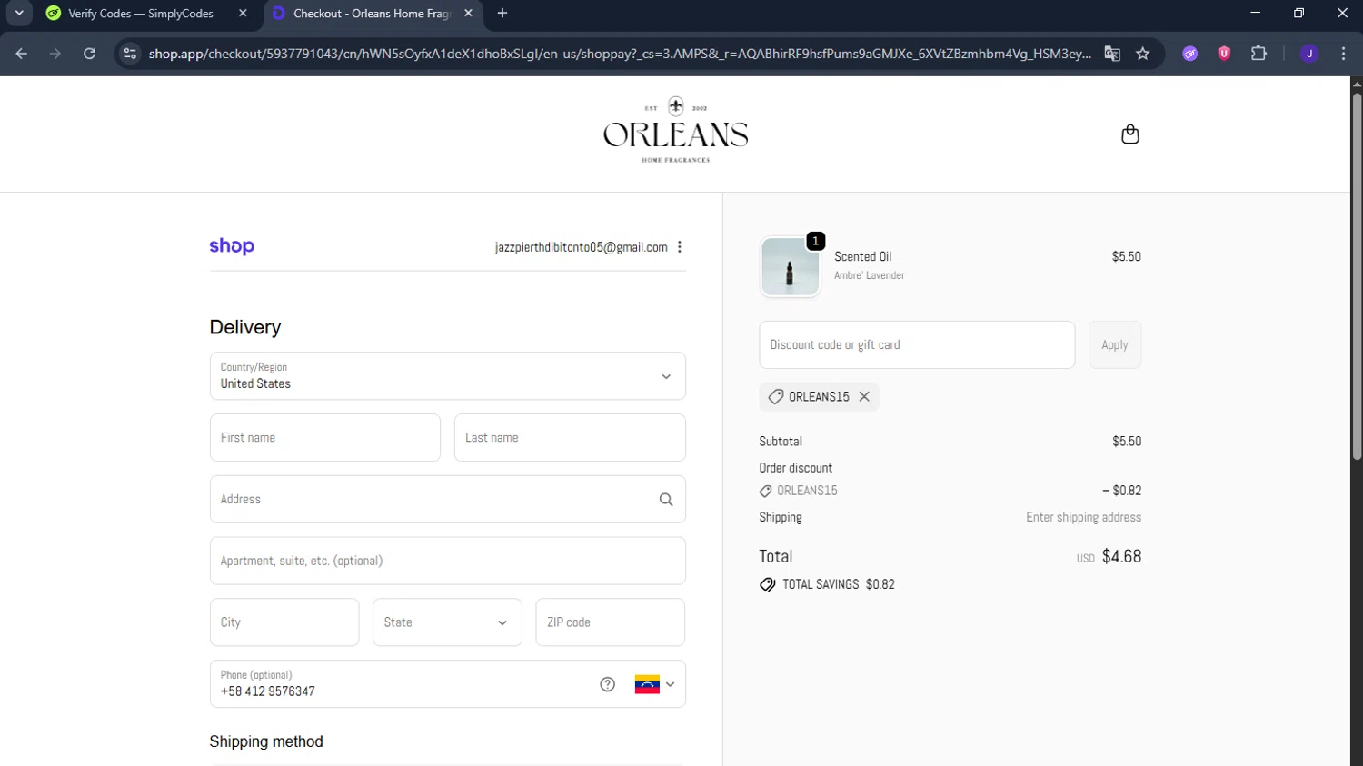 Orleans Home Fragrances promo code screenshot showing code ORLEANS15 applied at Orleans Home Fragrances checkout page. Uploaded by SimplyCodes community member fghfgefds2 on Nov 30, 2025