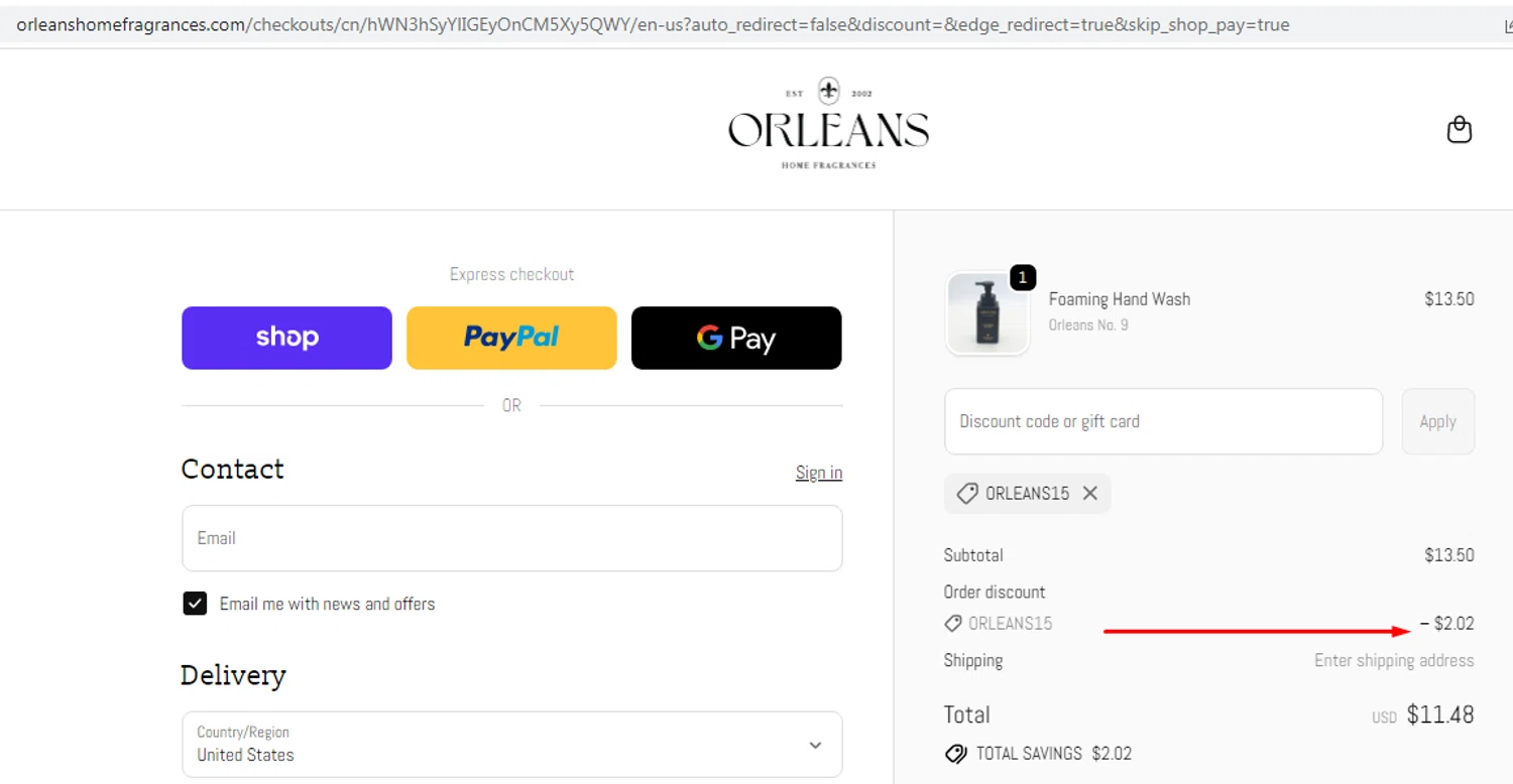 Orleans Home Fragrances promo code screenshot showing code ORLEANS15 applied at Orleans Home Fragrances checkout page. Uploaded by SimplyCodes community member EMILIANOMASABE on Oct 3, 2025