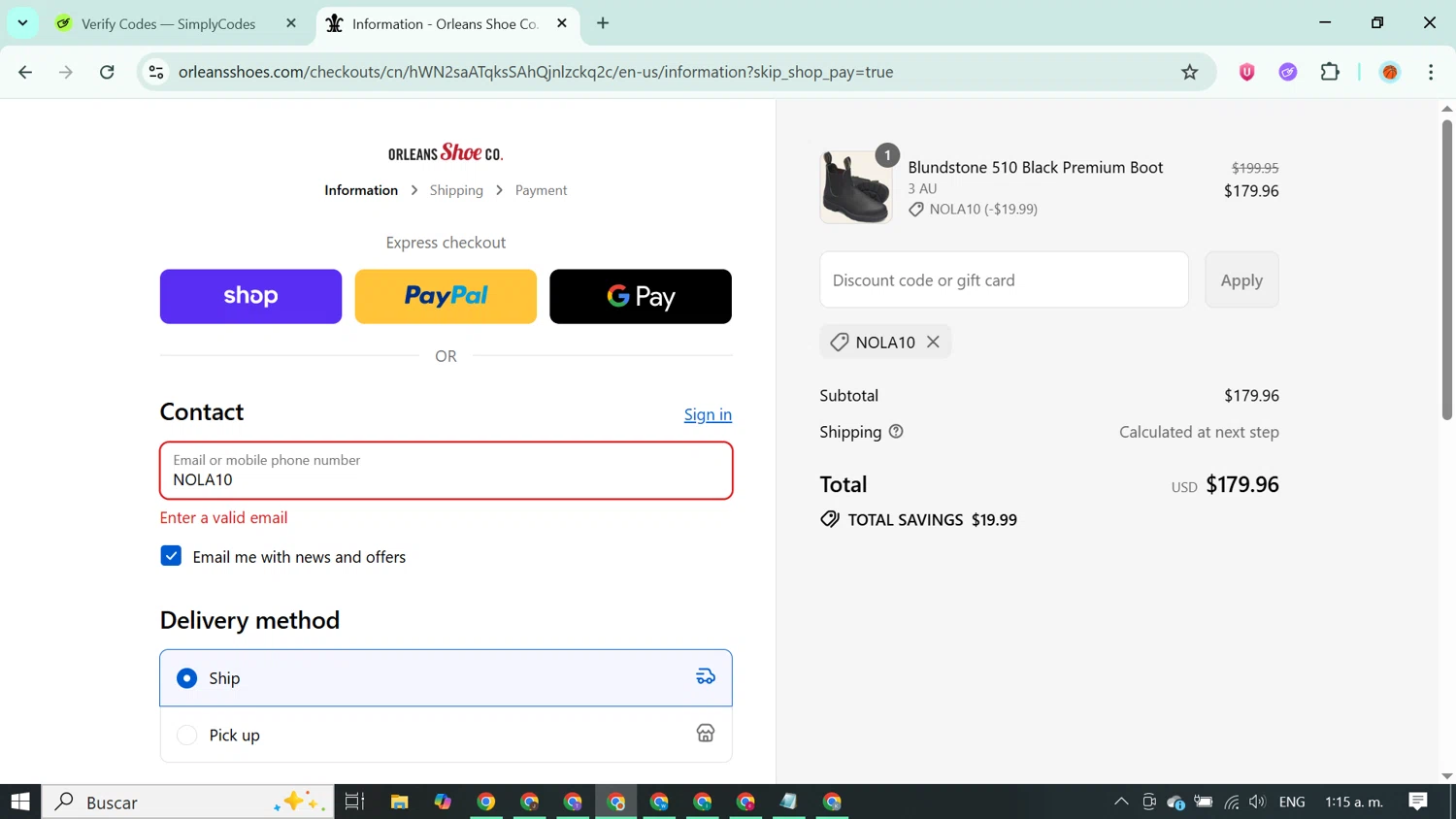 Orleans Shoe Co discount code screenshot showing code NOLA10 applied at Orleans Shoe Co checkout page. Uploaded by SimplyCodes community member ABUSAMADRES_ on Sep 12, 2025