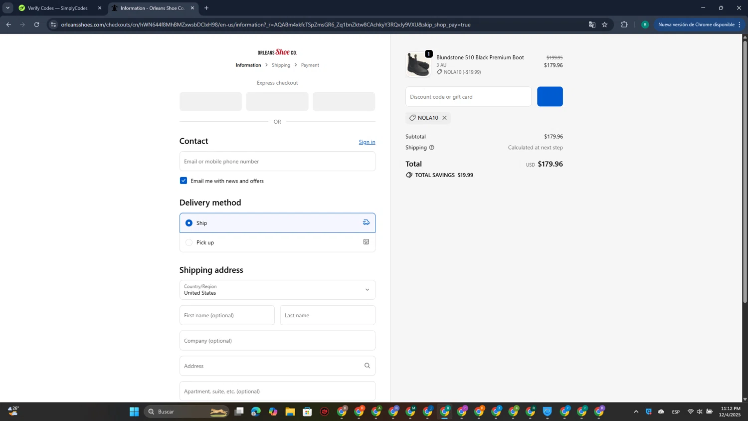 Orleans Shoe Co discount code screenshot showing code NOLA10 applied at Orleans Shoe Co checkout page. Uploaded by SimplyCodes community member CleverCurator1217 on Dec 5, 2025