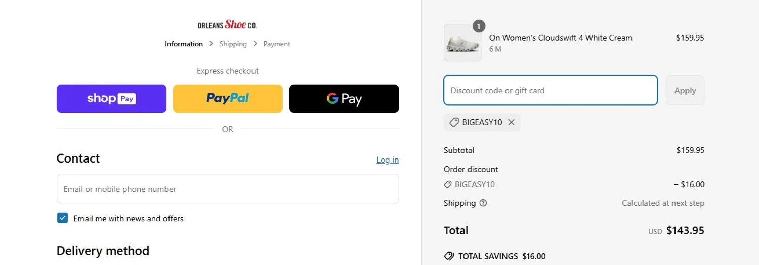 Orleans Shoe Co discount code screenshot showing code BIGEASY10 applied at Orleans Shoe Co checkout page. Uploaded by SimplyCodes community member Olorinnnnn on Apr 19, 2025