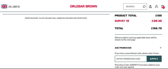 Orlebar Brown checkout page showing Orlebar Brown discount code box | Screenshot taken by SimplyCodes community member on Mar 7, 2021