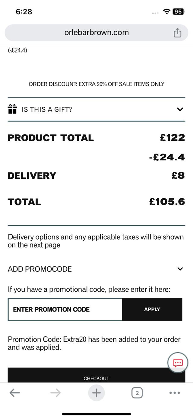 Orlebar Brown checkout page showing Orlebar Brown discount code box | Screenshot taken by SimplyCodes community member on Oct 20, 2023