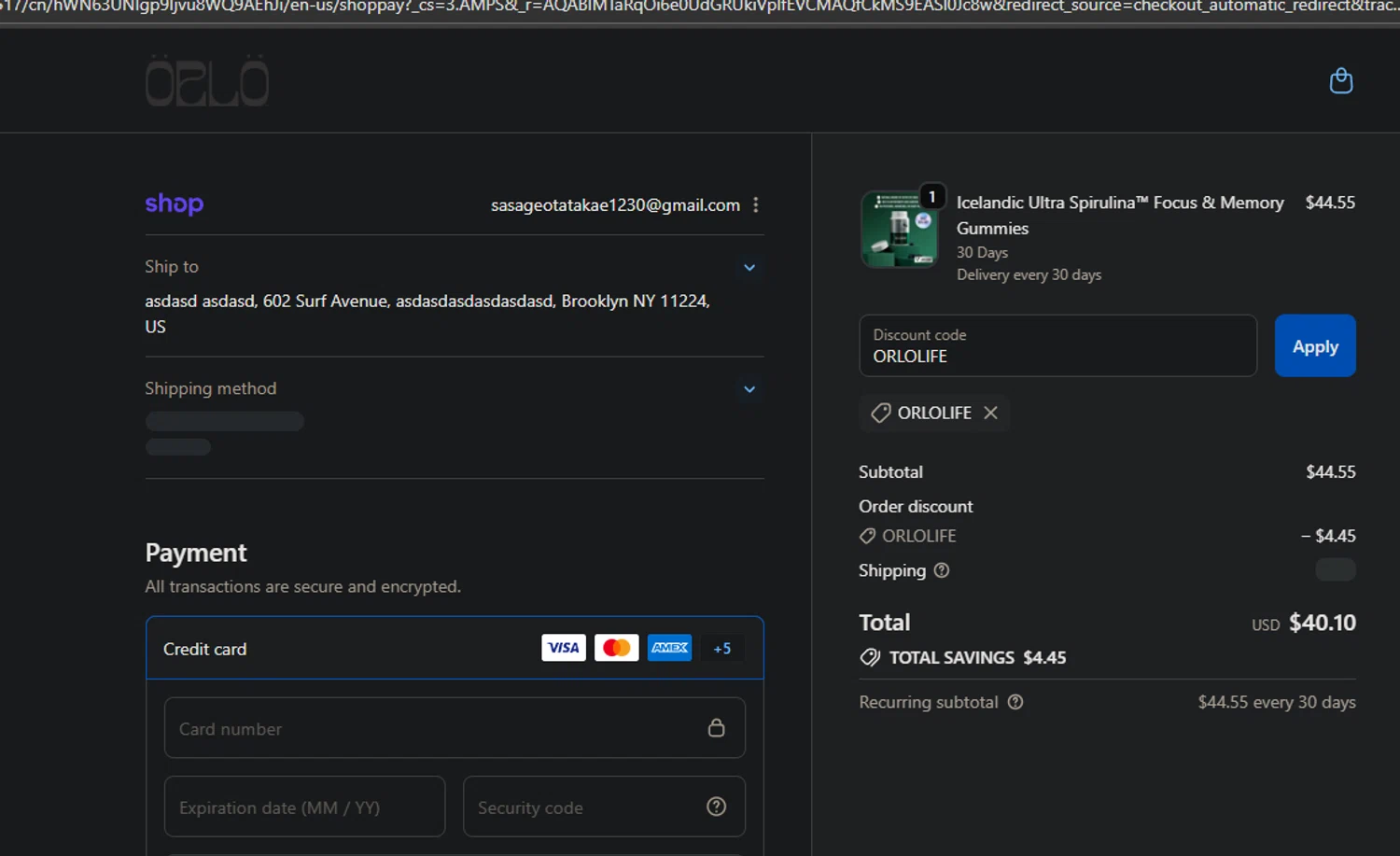 Orlo Nutrition promo code screenshot showing code ORLOLIFE applied at Orlo Nutrition checkout page. Uploaded by SimplyCodes community member CleverPro3528 on Dec 4, 2025