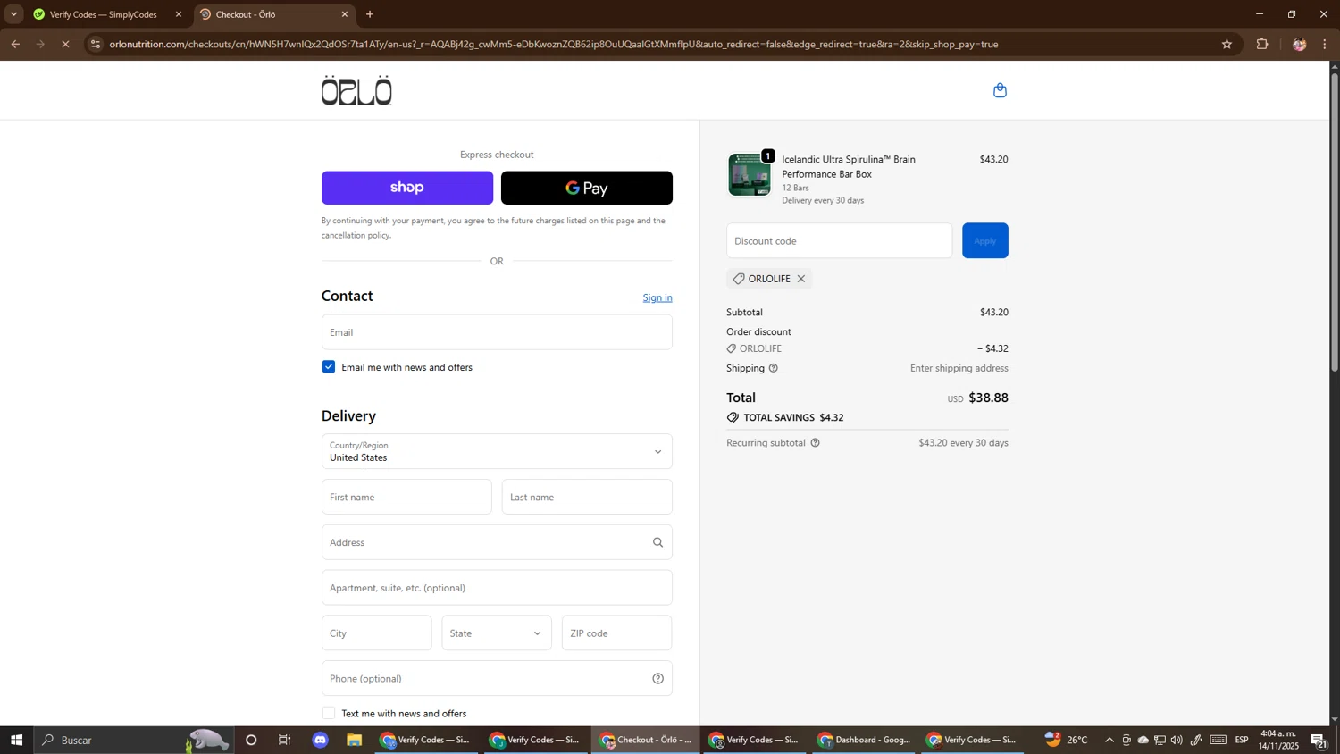 Orlo Nutrition promo code screenshot showing code ORLOLIFE applied at Orlo Nutrition checkout page. Uploaded by SimplyCodes community member El_mynor on Nov 14, 2025
