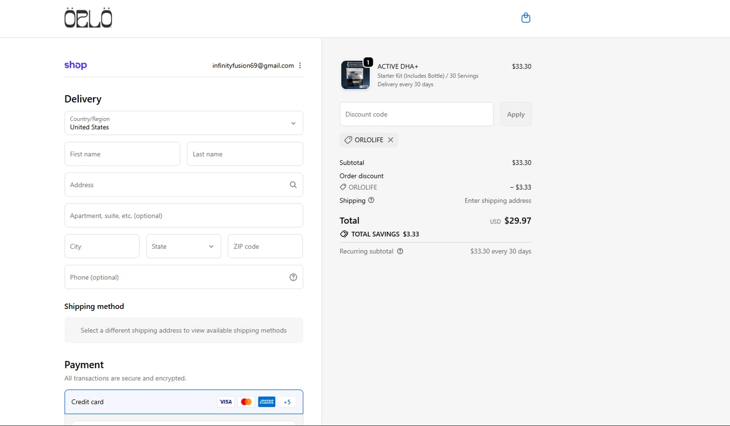 Orlo Nutrition promo code screenshot showing code ORLOLIFE applied at Orlo Nutrition checkout page. Uploaded by SimplyCodes community member Locura on Oct 18, 2025