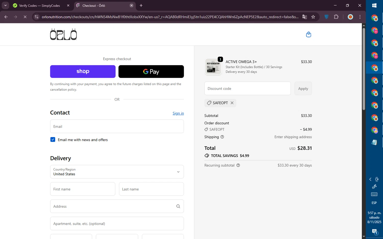 Orlo Nutrition promo code screenshot showing code SAFEOPT applied at Orlo Nutrition checkout page. Uploaded by SimplyCodes community member PromoVoyager8446 on Nov 8, 2025