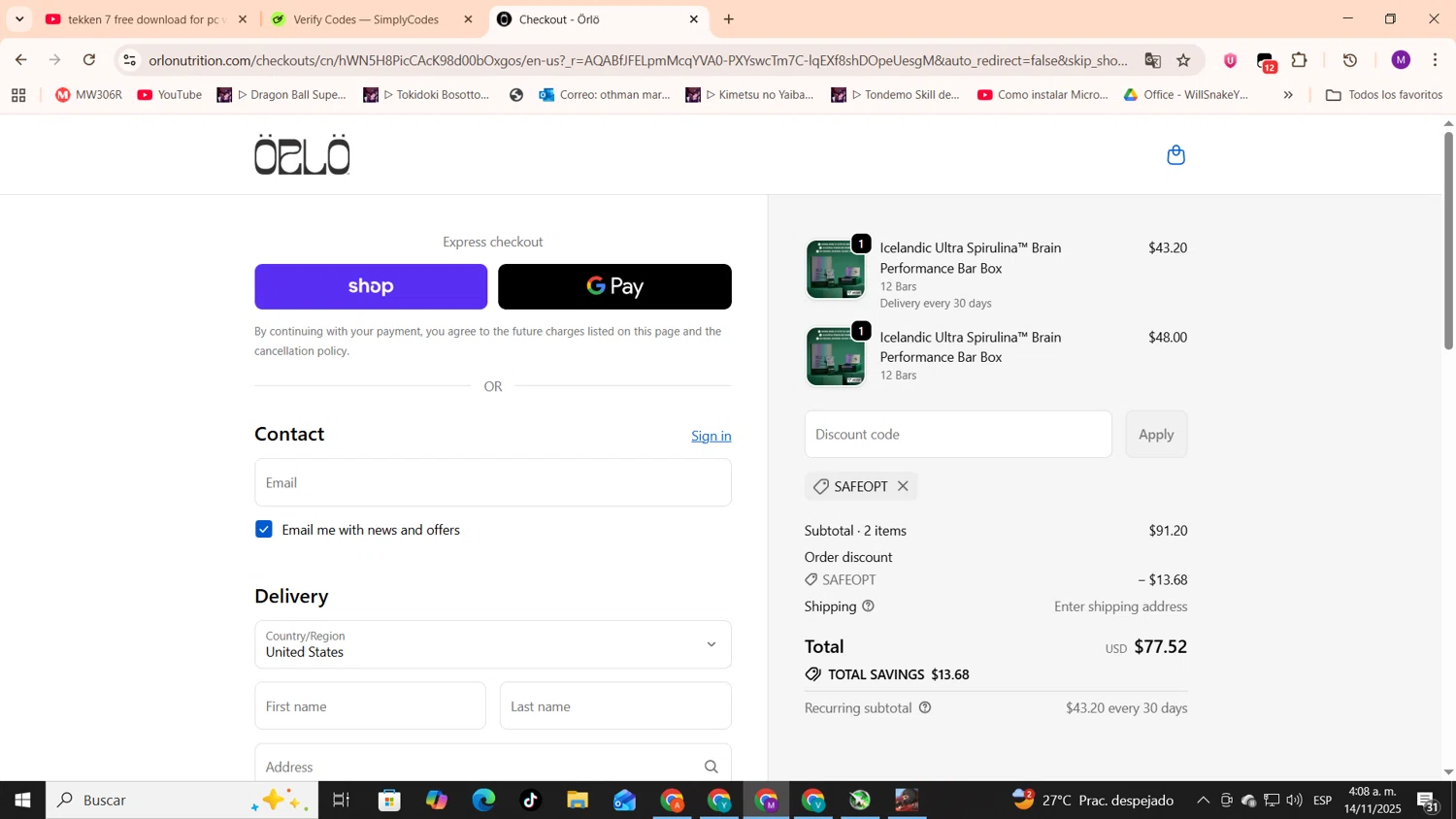 Orlo Nutrition promo code screenshot showing code SAFEOPT applied at Orlo Nutrition checkout page. Uploaded by SimplyCodes community member cod_gakpo on Nov 14, 2025