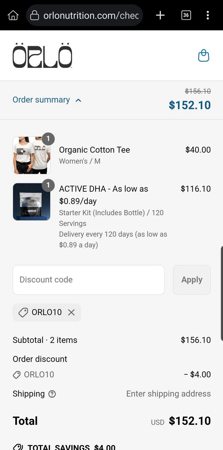 Orlo Nutrition promo code screenshot showing code Orlo10 applied at Orlo Nutrition checkout page. Uploaded by SimplyCodes community member Carloslvz on Apr 2, 2025