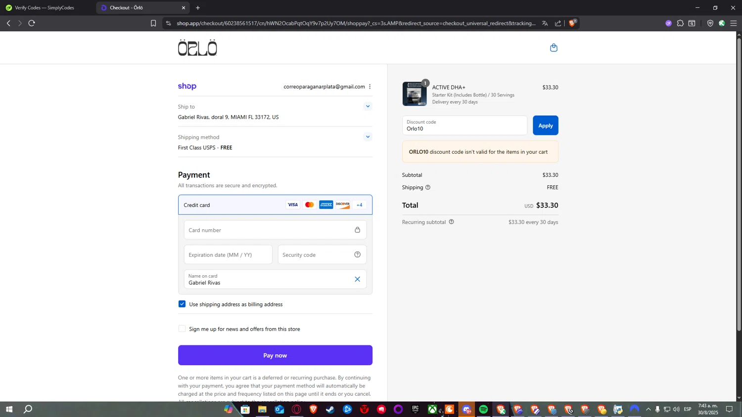 Orlo Nutrition promo code screenshot showing code Orlo10 applied at Orlo Nutrition checkout page. Uploaded by SimplyCodes community member Nulo0000 on Aug 30, 2025