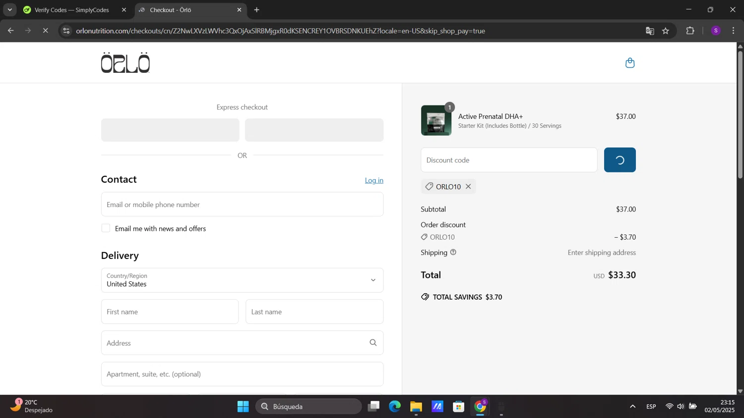 Orlo Nutrition promo code screenshot showing code Orlo10 applied at Orlo Nutrition checkout page. Uploaded by SimplyCodes community member sorialbam on May 3, 2025