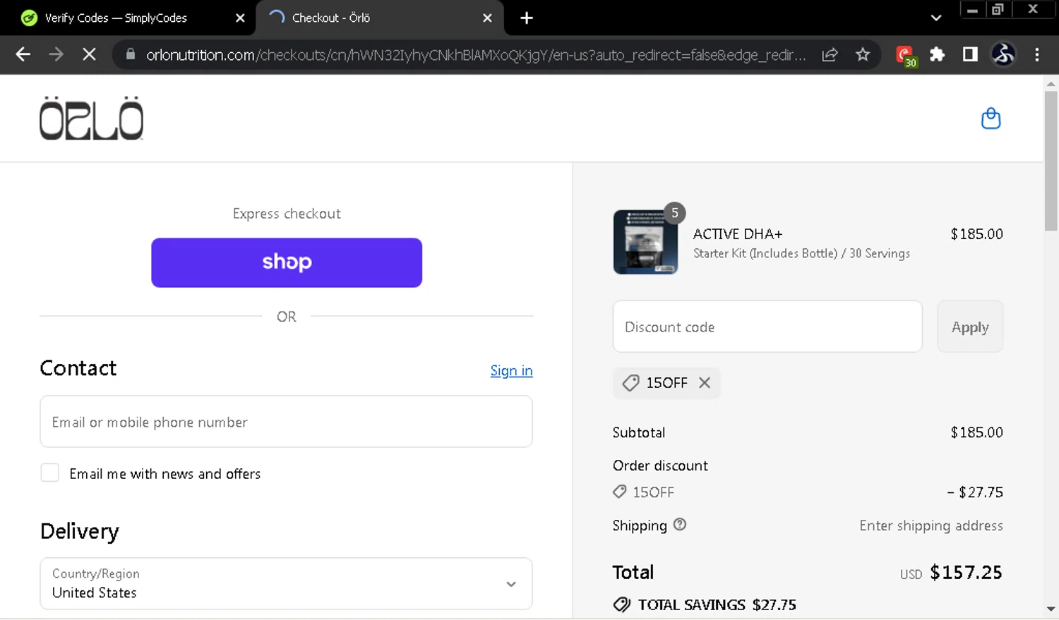 Orlo Nutrition promo code screenshot showing code 15off applied at Orlo Nutrition checkout page. Uploaded by SimplyCodes community member SwiftOwl697 on Sep 16, 2025