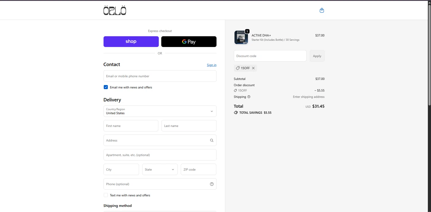 Orlo Nutrition promo code screenshot showing code 15off applied at Orlo Nutrition checkout page. Uploaded by SimplyCodes community member TreasureChaser3010 on Oct 27, 2025