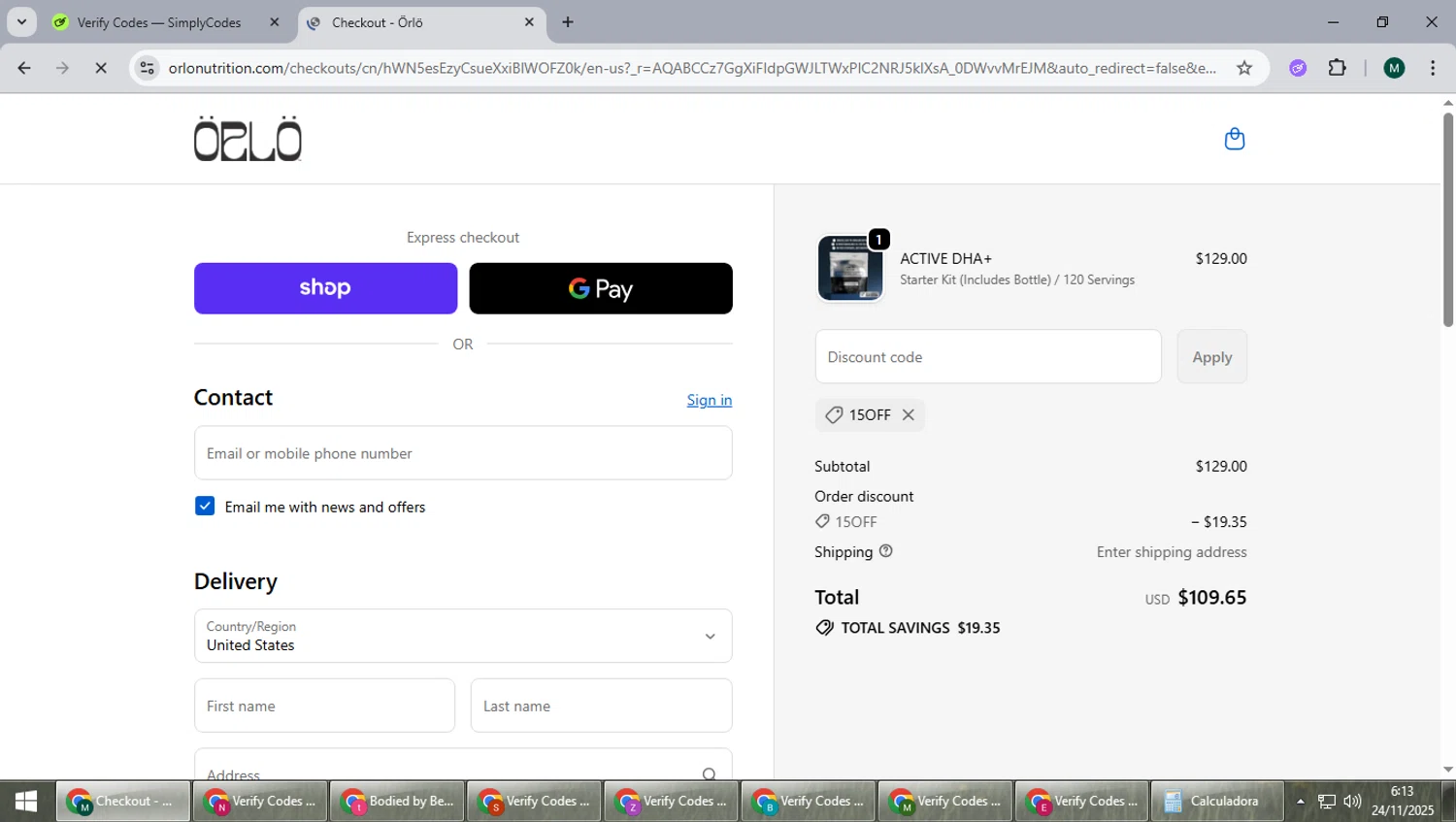 Orlo Nutrition promo code screenshot showing code 15off applied at Orlo Nutrition checkout page. Uploaded by SimplyCodes community member suieeloves on Nov 24, 2025