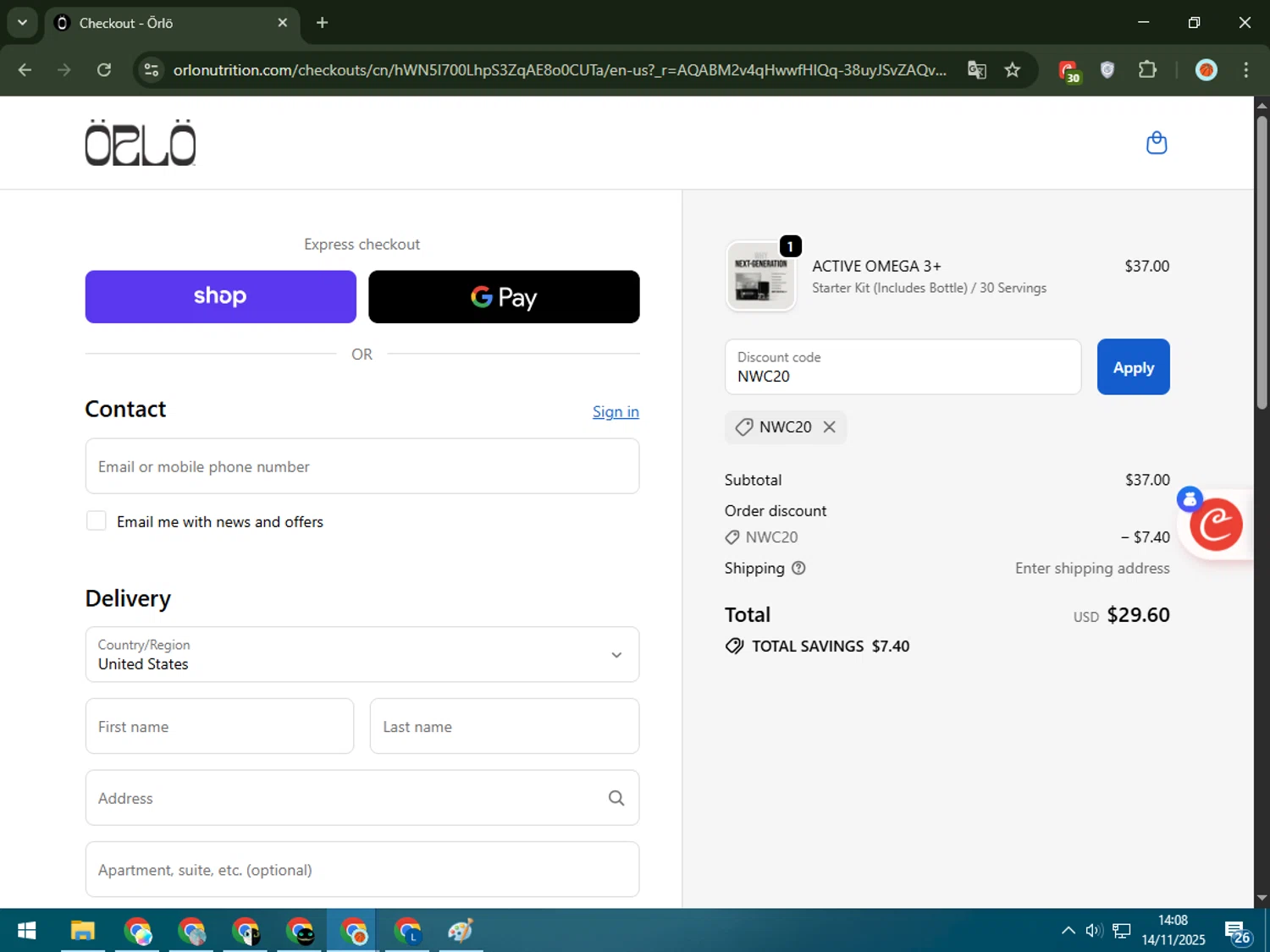 Orlo Nutrition promo code screenshot showing code NWC20 applied at Orlo Nutrition checkout page. Uploaded by SimplyCodes community member RewardPilot7235 on Nov 14, 2025