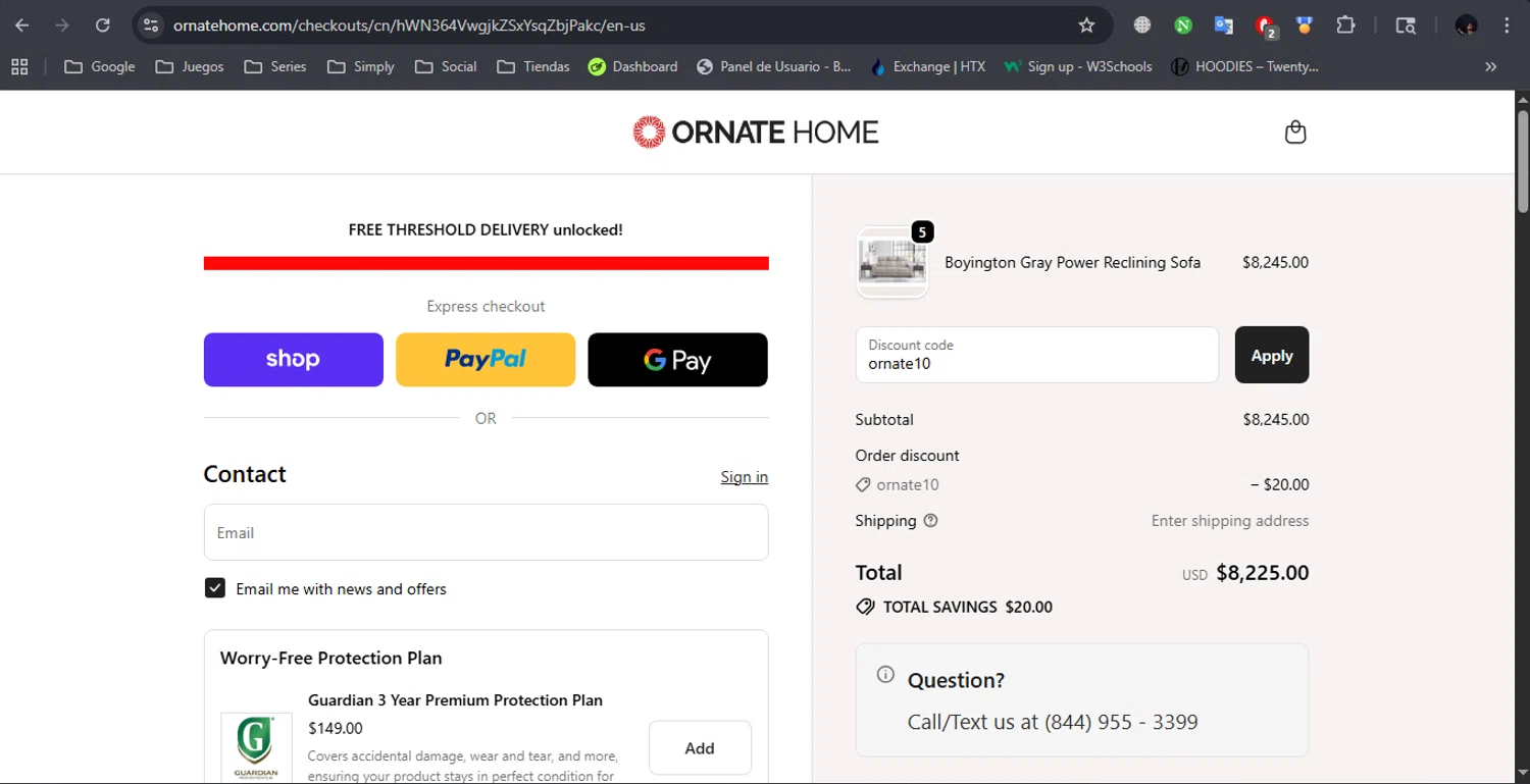 Ornate Home discount code screenshot showing code ornate10 applied at Ornate Home checkout page. Uploaded by SimplyCodes community member JhosArt on Sep 17, 2025
