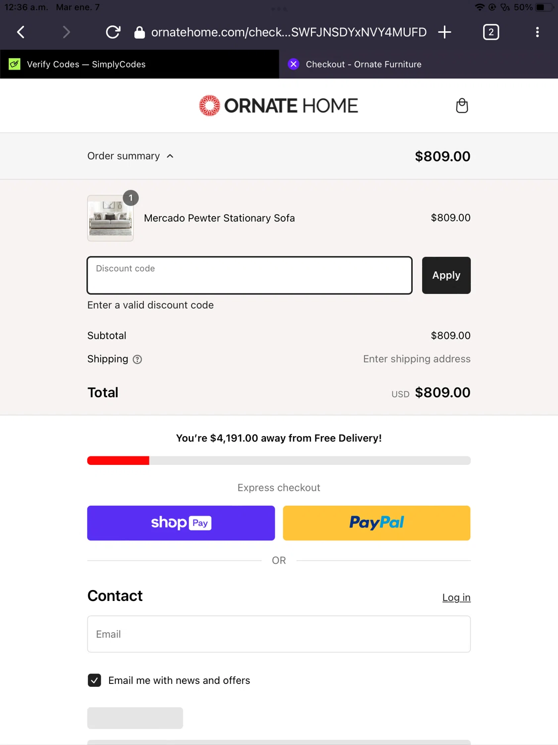 Ornate Home discount code screenshot showing code welcome applied at Ornate Home checkout page. Uploaded by SimplyCodes community member mattmanzito on Jan 7, 2025