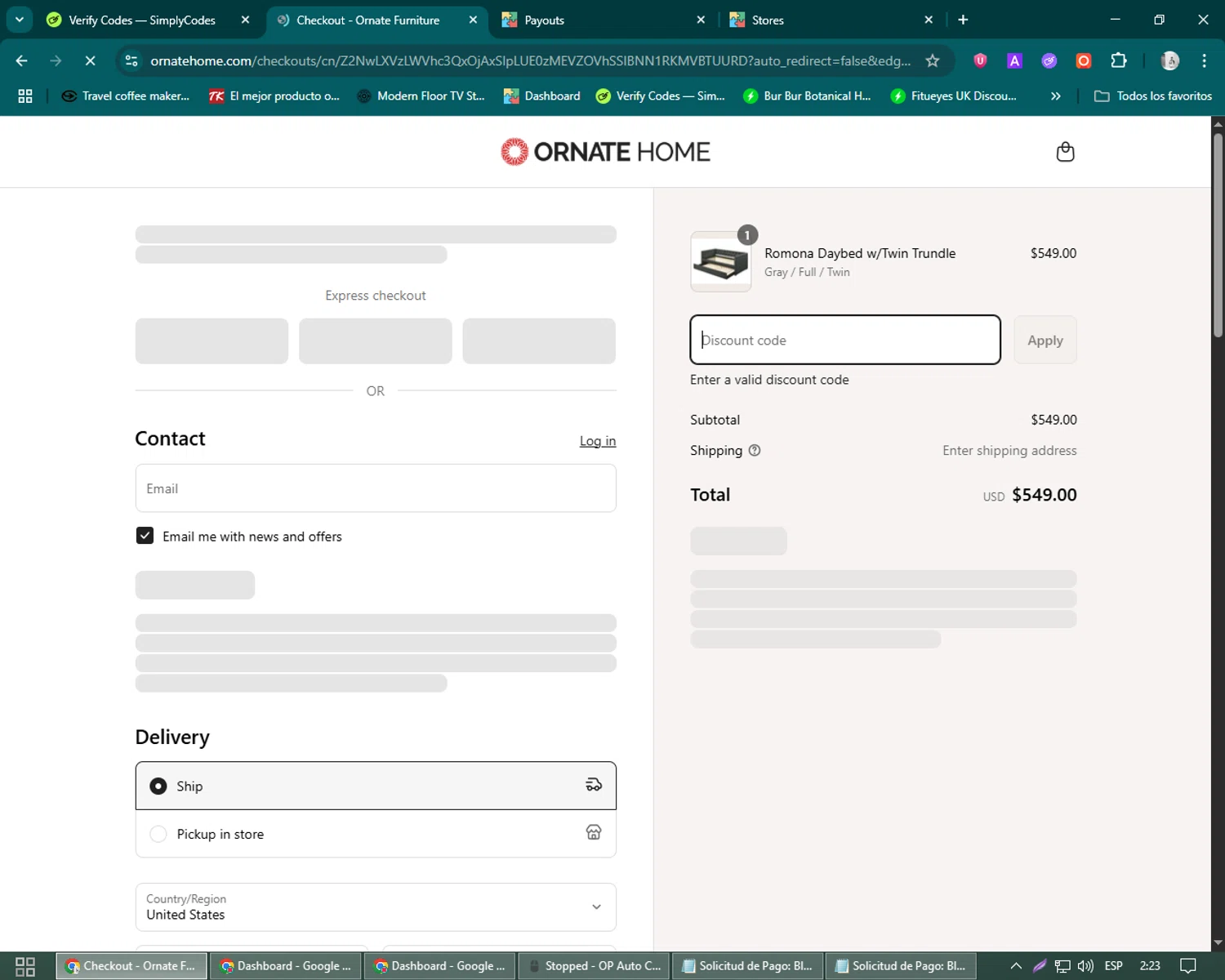 Ornate Home discount code screenshot showing code Free applied at Ornate Home checkout page. Uploaded by SimplyCodes community member John_Johnson on Jul 8, 2025