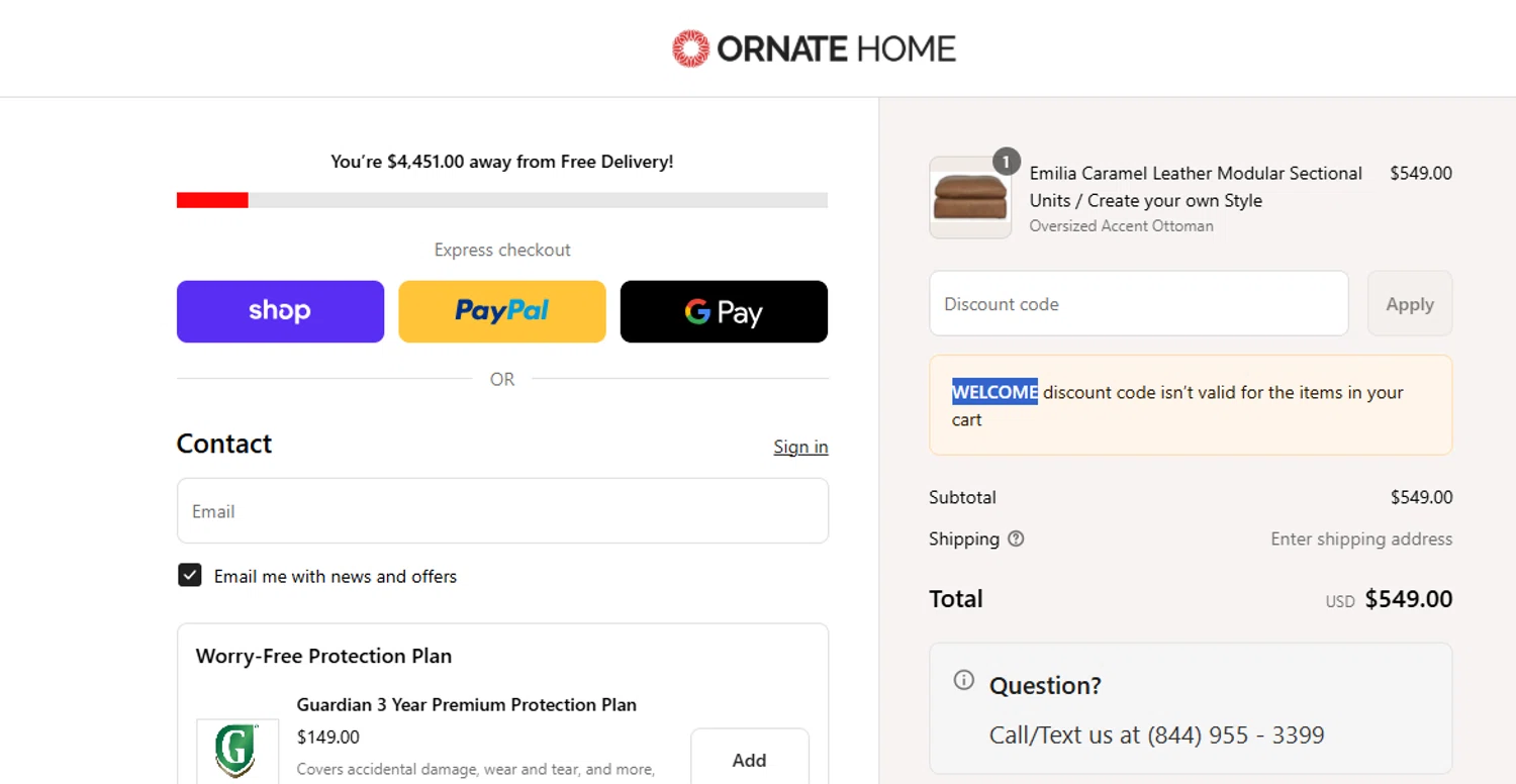 Ornate Home discount code screenshot showing code WELCOME applied at Ornate Home checkout page. Uploaded by SimplyCodes community member ashe1986 on Sep 10, 2025
