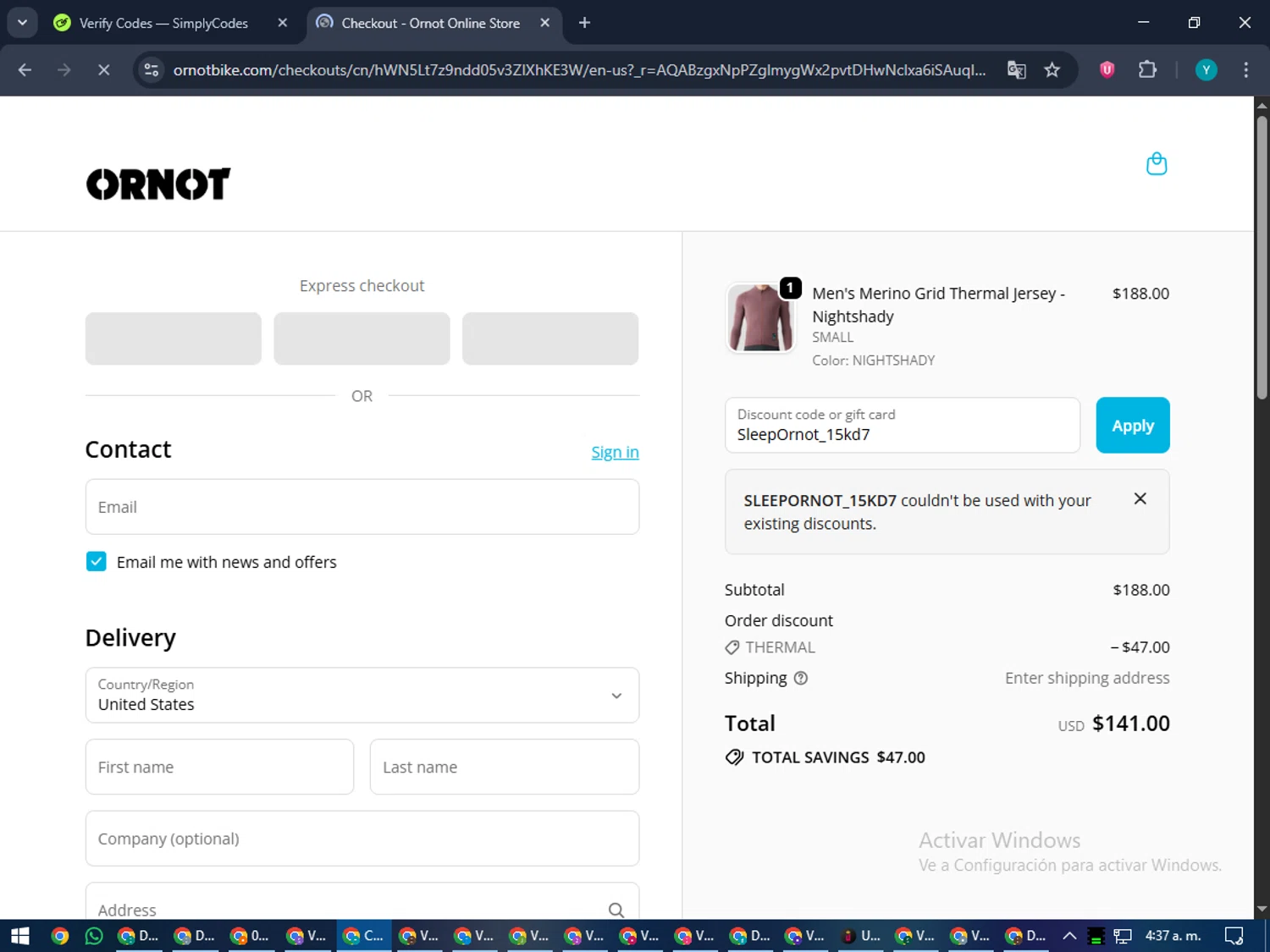 Ornot Bike discount code screenshot showing code SleepOrnot_15kd7 applied at Ornot Bike checkout page. Uploaded by SimplyCodes community member RoyalEagle4794 on Nov 16, 2025