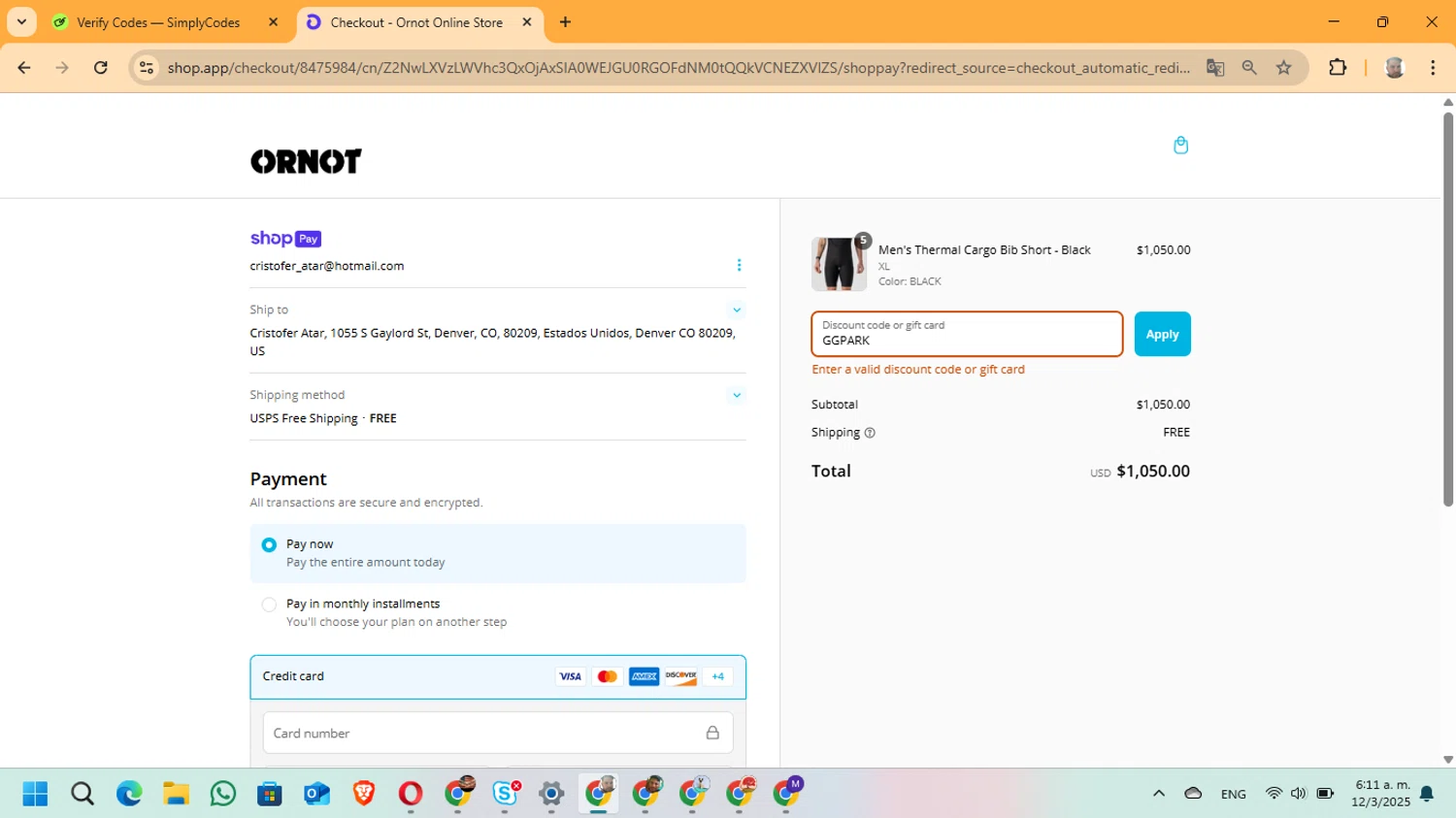 Ornot Bike discount code screenshot showing code GGPARK applied at Ornot Bike checkout page. Uploaded by SimplyCodes community member ManuelF on Mar 12, 2025