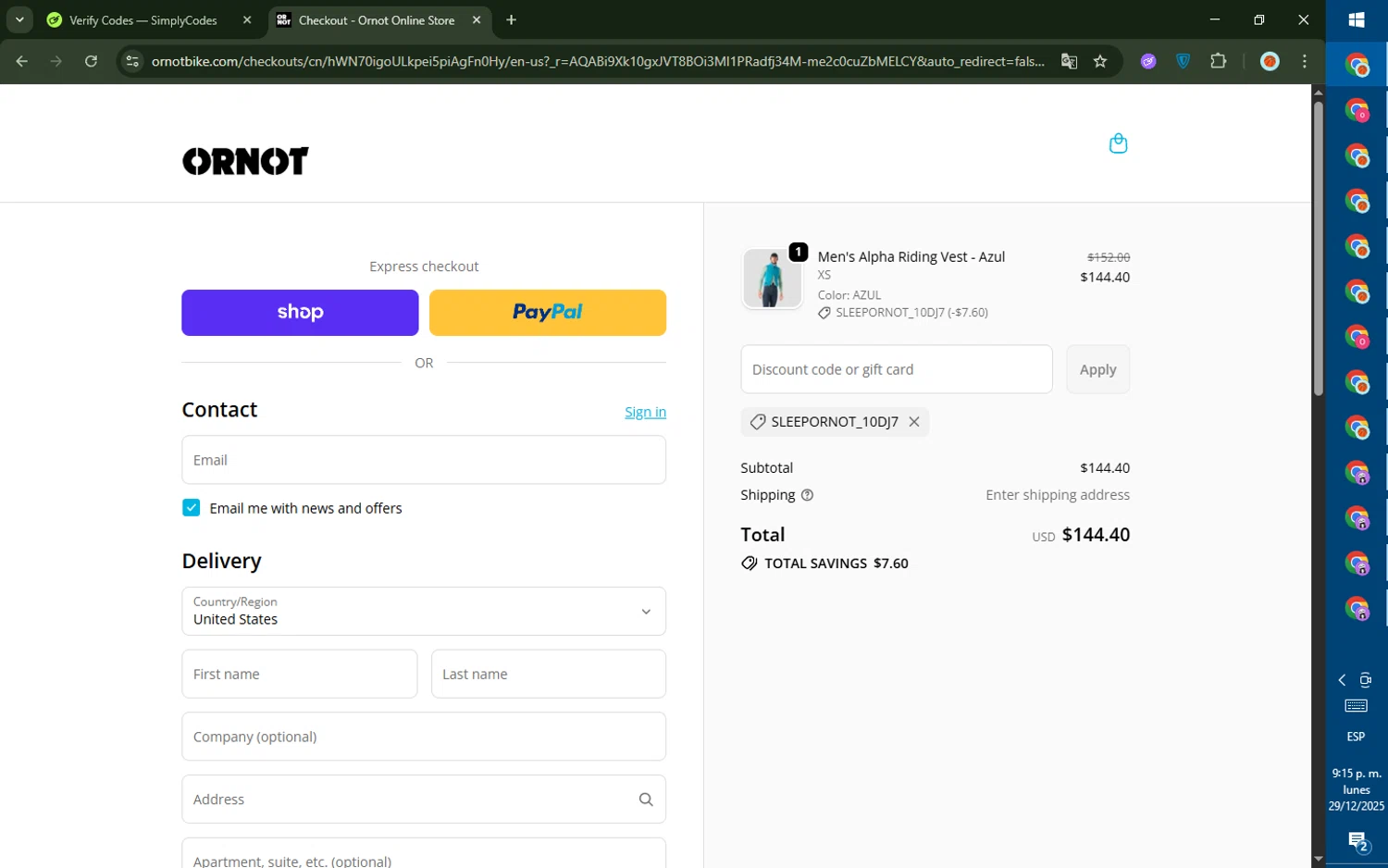 Ornot Bike discount code screenshot showing code SLEEPORNOT_10DJ7 applied at Ornot Bike checkout page. Uploaded by SimplyCodes community member DealTiger9869 on Dec 30, 2025