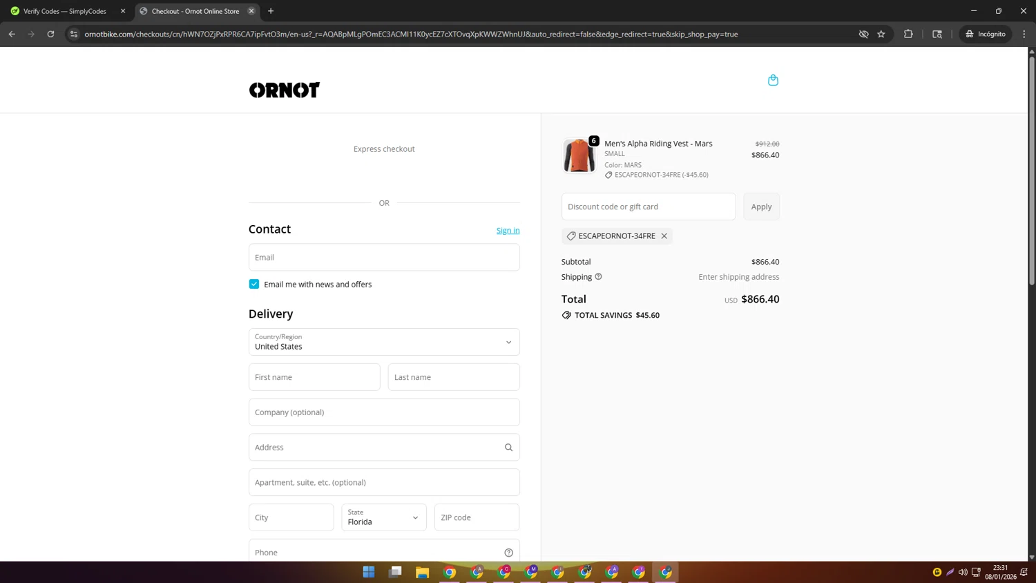 Ornot Bike discount code screenshot showing code ESCAPEORNOT-34FRE applied at Ornot Bike checkout page. Uploaded by SimplyCodes community member AVATIGRITO on Jan 9, 2026