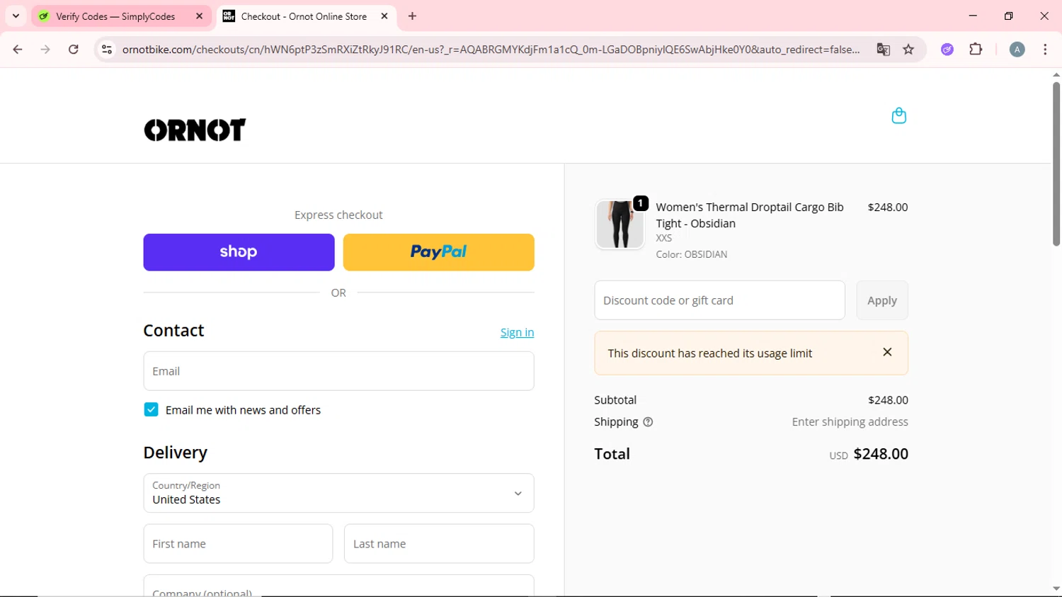 Ornot Bike discount code screenshot showing code TV9D8KFX applied at Ornot Bike checkout page. Uploaded by SimplyCodes community member CrownSpotter6947 on Dec 25, 2025