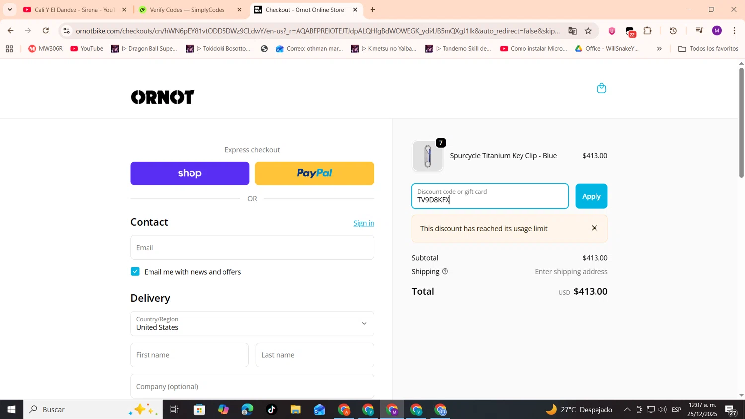 Ornot Bike discount code screenshot showing code TV9D8KFX applied at Ornot Bike checkout page. Uploaded by SimplyCodes community member cod_gakpo on Dec 25, 2025