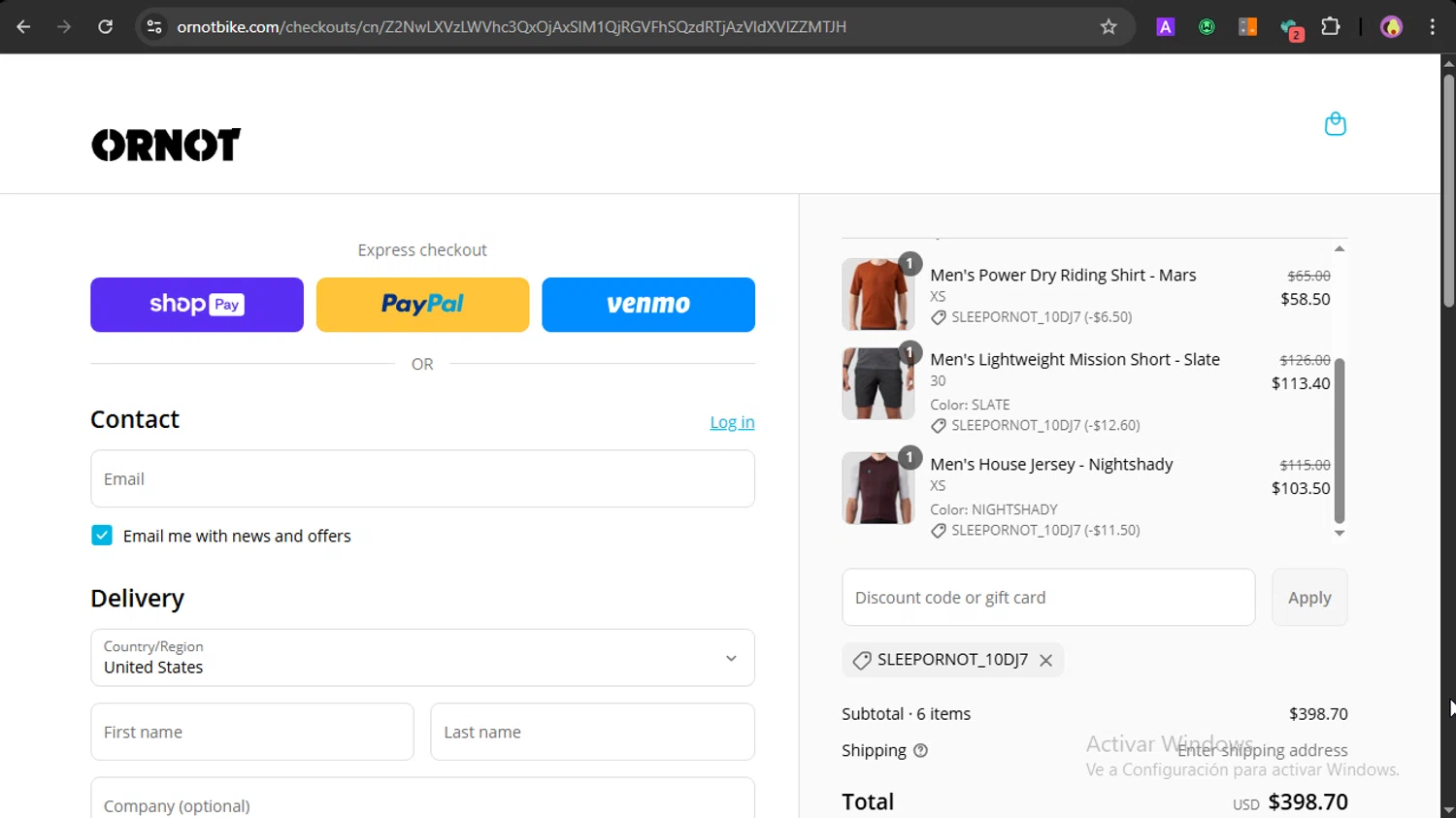 Ornot Bike discount code screenshot showing code SLEEPORNOT_10DJ7 applied at Ornot Bike checkout page. Uploaded by SimplyCodes community member PrincessCoupon on Apr 18, 2025