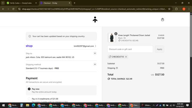 Orolay checkout page showing Orolay coupon code box | Screenshot taken by SimplyCodes community member on Sep 10, 2025