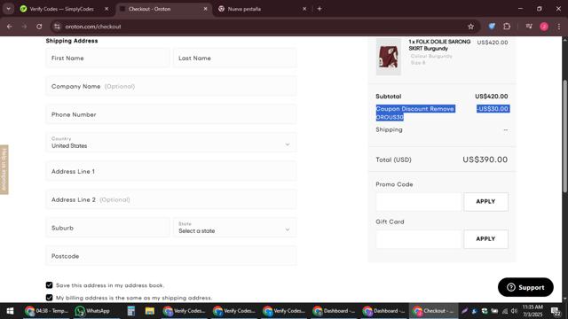 Oroton checkout page showing Oroton promo code box | Screenshot taken by SimplyCodes community member on Jul 3, 2025