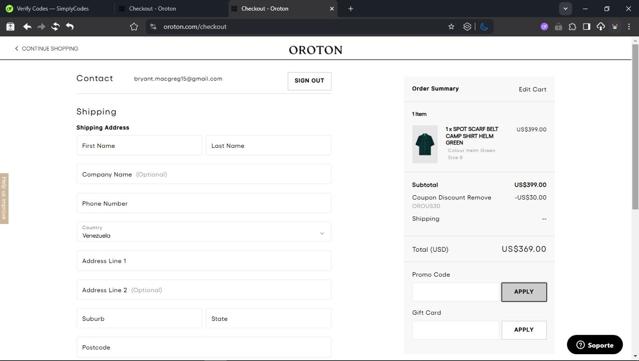 Oroton checkout page showing Oroton promo code box | Screenshot taken by SimplyCodes community member on Aug 8, 2025