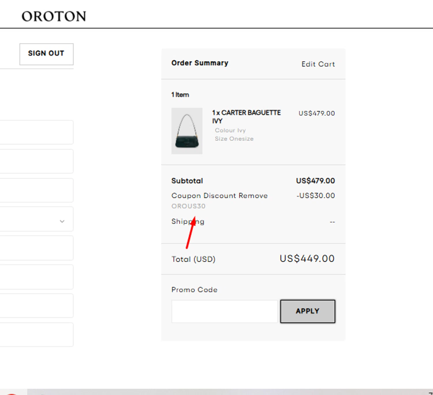 Oroton promo code screenshot showing code OROUS30 applied at Oroton checkout page. Uploaded by SimplyCodes community member carlosrivero on Aug 29, 2025