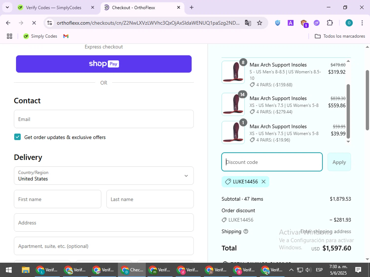 Orthoflexx discount code screenshot showing code LUKE14456 applied at Orthoflexx checkout page. Uploaded by SimplyCodes community member BudgetSeeker9524 on Jun 5, 2025
