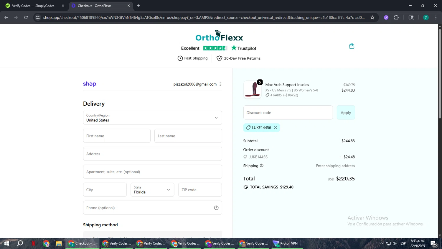 Orthoflexx discount code screenshot showing code LUKE14456 applied at Orthoflexx checkout page. Uploaded by SimplyCodes community member FrugalCaptain6906 on Sep 22, 2025