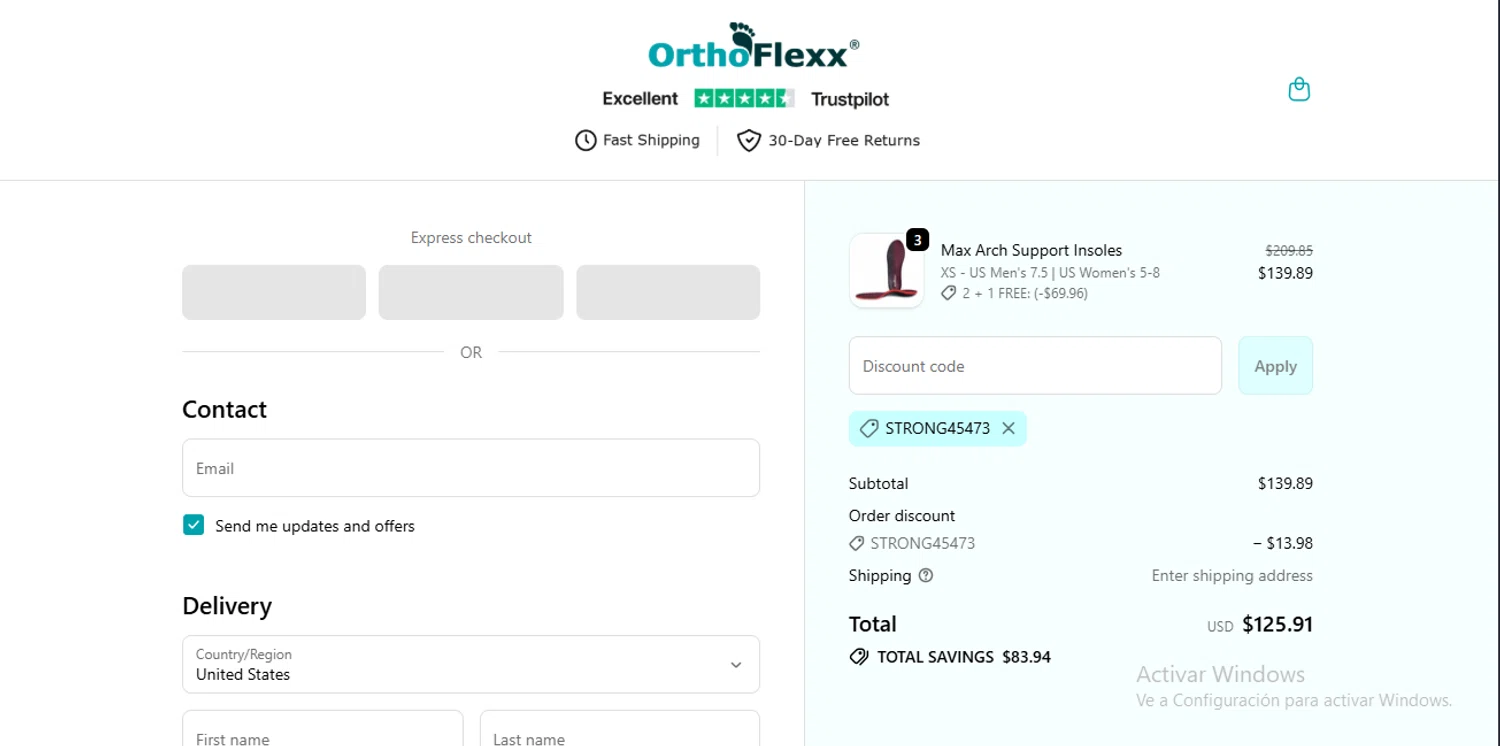 Orthoflexx discount code screenshot showing code STRONG45473 applied at Orthoflexx checkout page. Uploaded by SimplyCodes community member RebateSpotter2821 on Nov 14, 2025