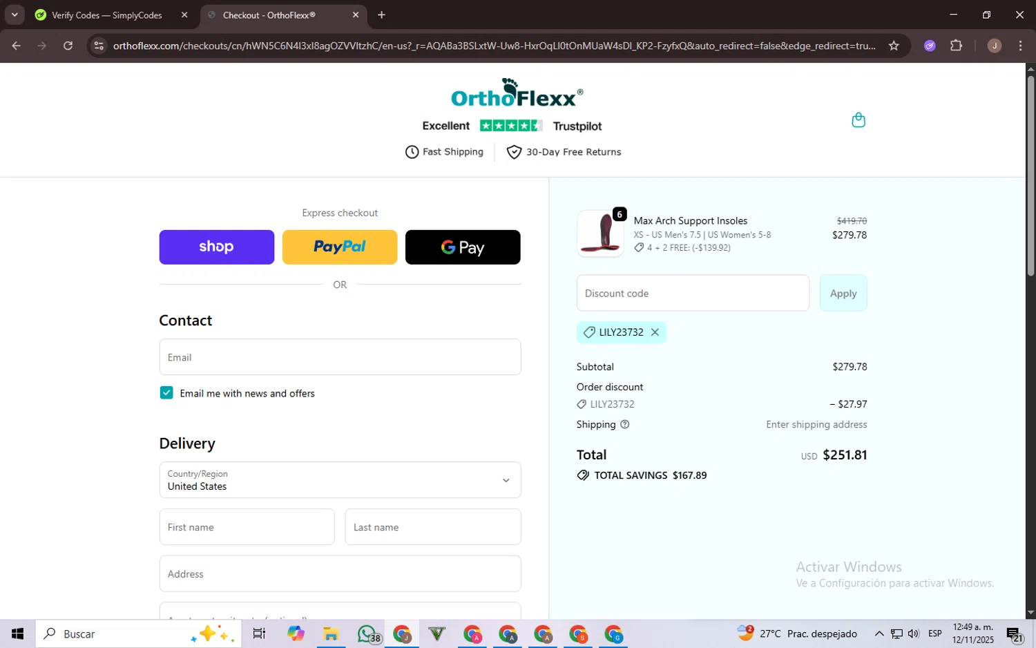 Orthoflexx discount code screenshot showing code LILY23732 applied at Orthoflexx checkout page. Uploaded by SimplyCodes community member CrownChaser949 on Nov 12, 2025