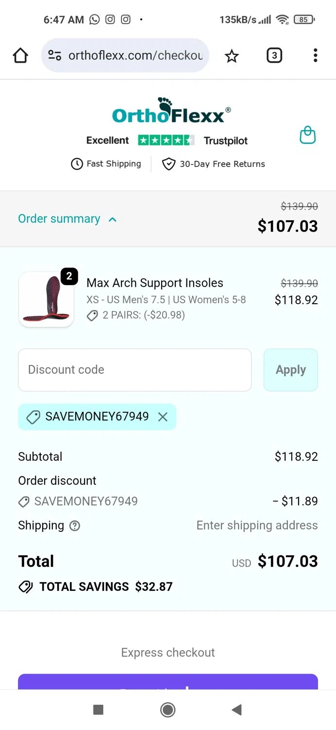 Orthoflexx checkout page showing Orthoflexx discount code box | Screenshot taken by SimplyCodes community member on Jan 11, 2026