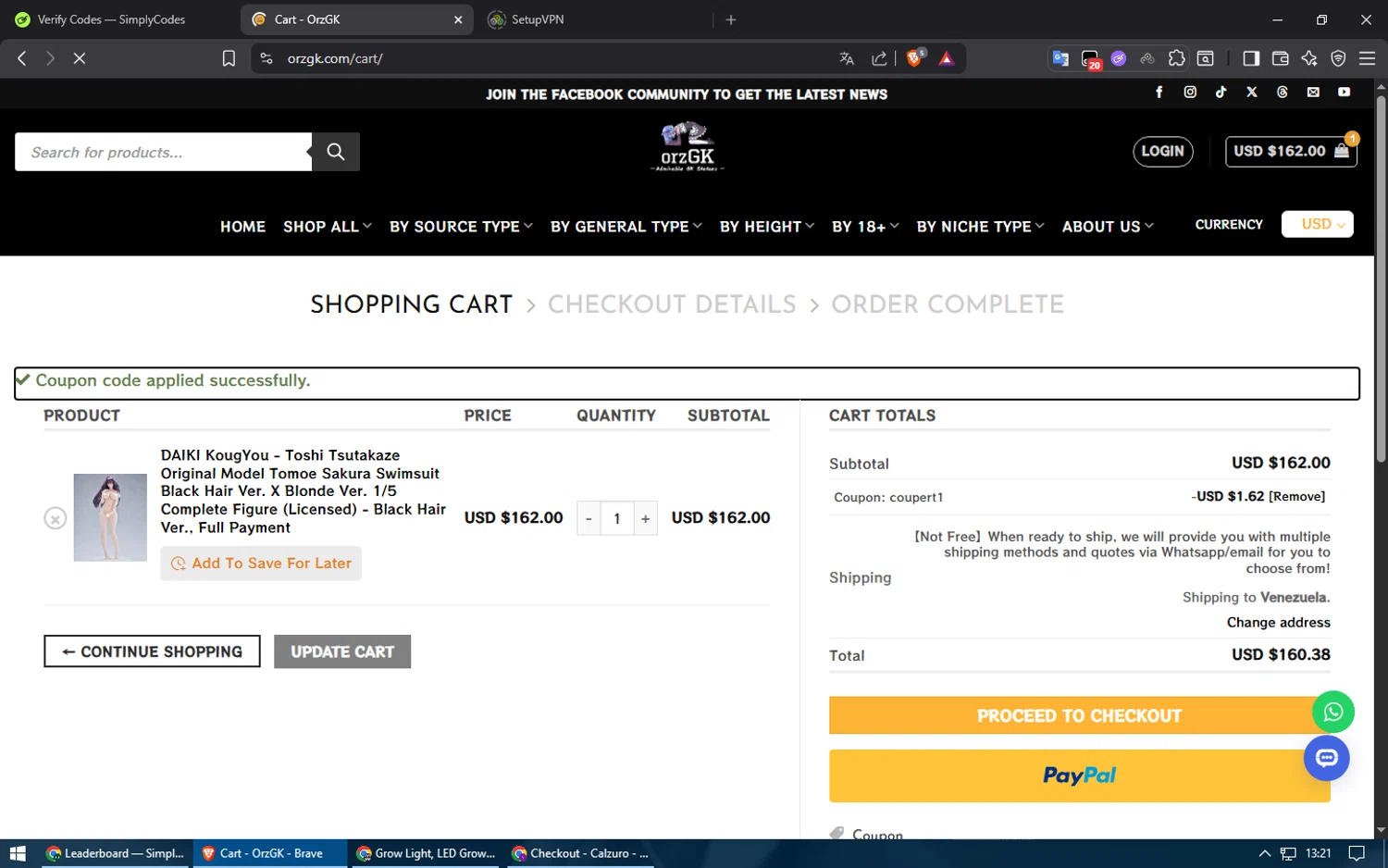 OrzGK discount code screenshot showing code COUPERT1 applied at OrzGK checkout page. Uploaded by SimplyCodes community member usuario500 on Dec 18, 2025